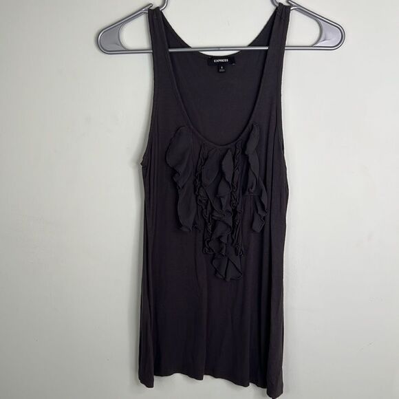 Express Dark Gray Scoop Neck Ruffle Bib Front Tank Top Blouse - Picture 16 of 16